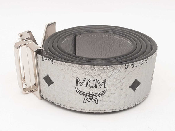 Mcm Claus Logo Misty Gray Reversible Monogram Belt Sd0725lzxsa