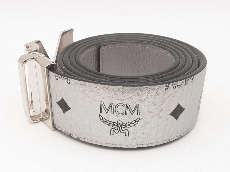 Mcm Claus Logo Misty Gray Reversible Monogram Belt Sd0725lzxsa