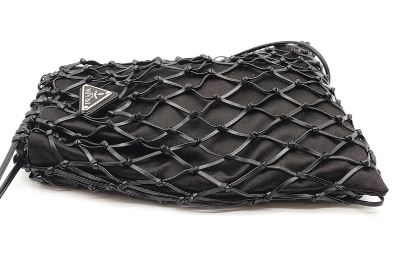 Prada Black Satin Leather Net Overlay Drawstring Crossbody Bag