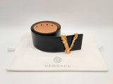 Versace Wide Black Leather Belt With Gold-tone Virtus Buckle Fw1224lorsa