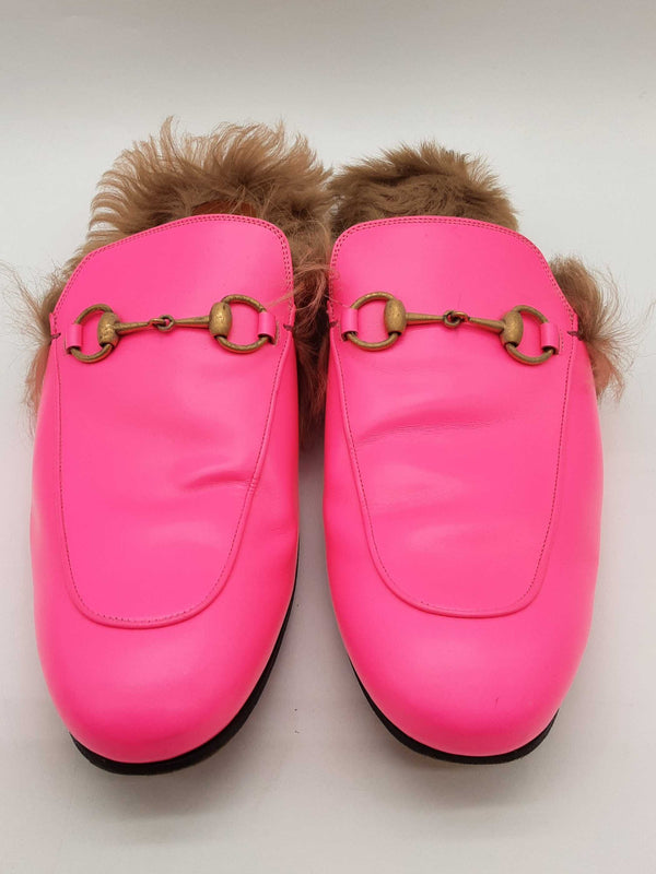 Gucci Princetown Neon Pink Leather Fur Loafers Size Gucci 11 Mens Do0925oorde