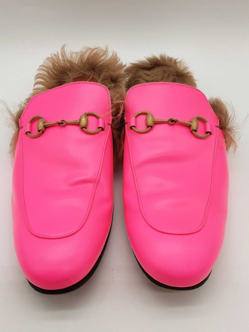 Gucci Princetown Neon Pink Leather Fur Loafers Size Gucci 11 Mens Do0925oorde