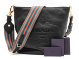 Prada Logo Hobo Bag In Black Vitello Phenix Leather & Striped Strap Fw1225ixzdu