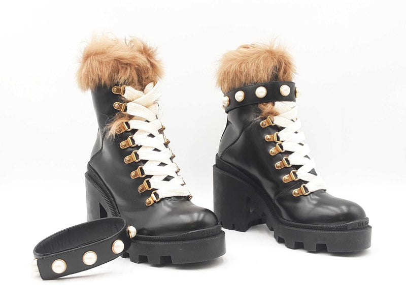 Gucci Magnum Fur & Faux Pearl Boots In Black Leather Size Eu 35 Fw0825exdu
