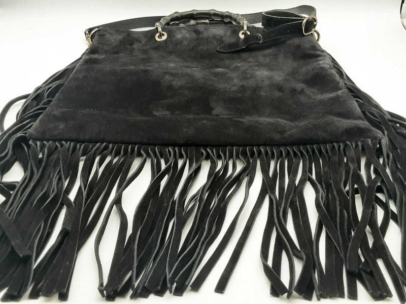 Gucci 349195 2-way Bamboo Handle Black Suede Fringe Hobo Tote Bag Do0424ixzde