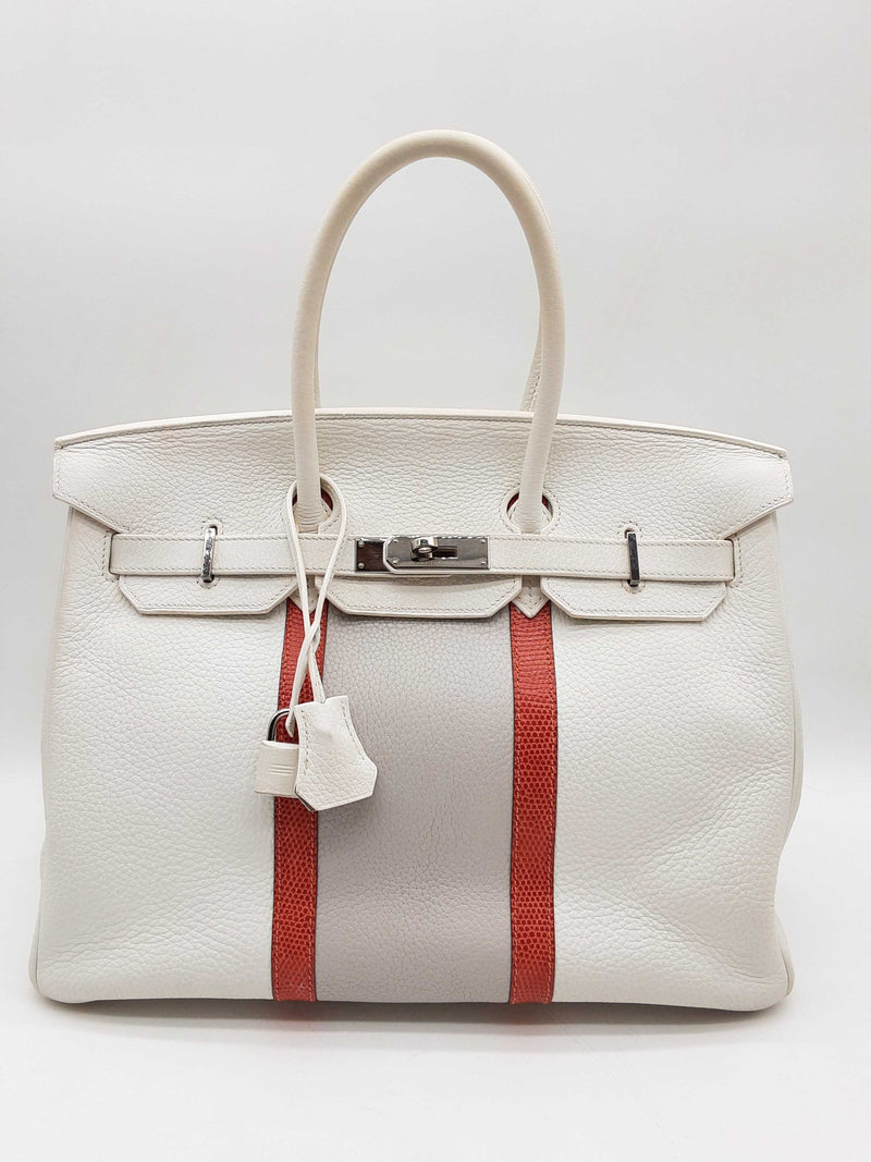 Hermes Birkin 35 White Clemence Orange Lizard Palladium Handbag Do1024exzxde