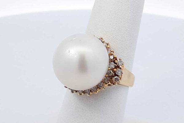 Pearl & Diamond Ring In 14k Yellow Gold 8.2 Grams Size 6.5 Eb1025prxdu