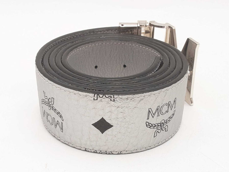 Mcm Claus Logo Misty Gray Reversible Monogram Belt Sd0725lzxsa