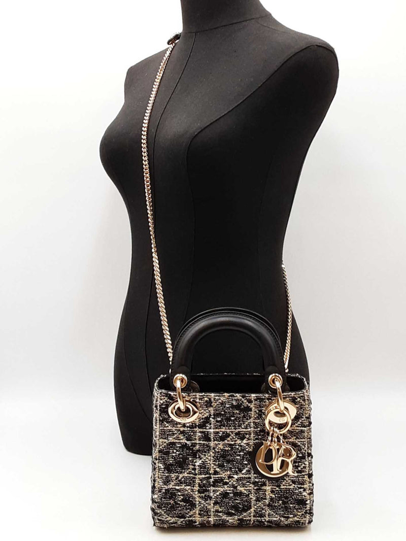 Christian Dior Mini Lady Dior In Tweed & Gold Cannage Fw0825wzxzdu