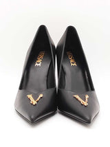 Versace Virtus 100 Black Leather Pointed- Toe Pumps Size Eu 38 Us 8 Fw0525lxzdu