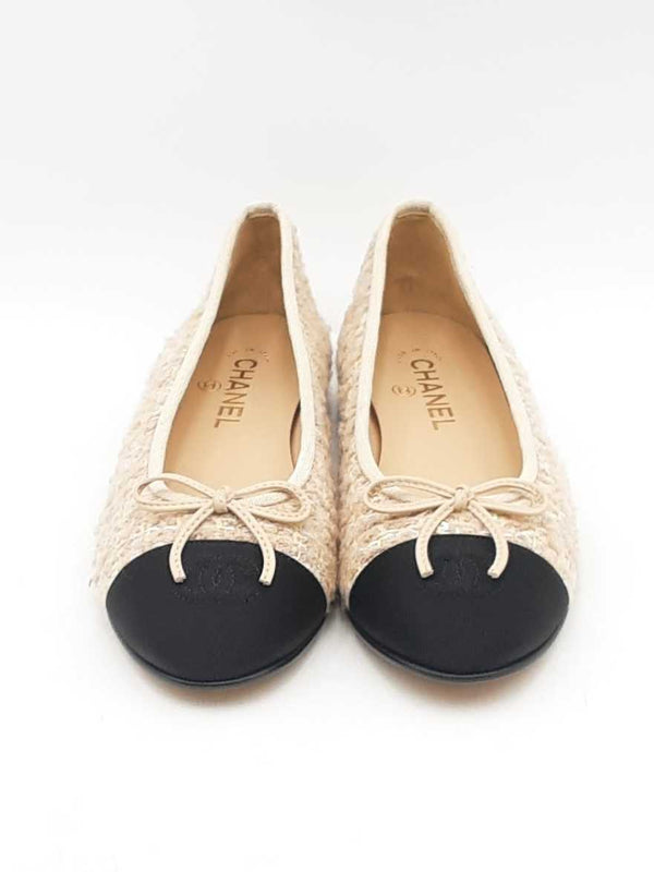 Chanel Tweed Ballet Flats Glittered Tweed Grosgrain Beige Size 39.5 Sd0425oxzsa