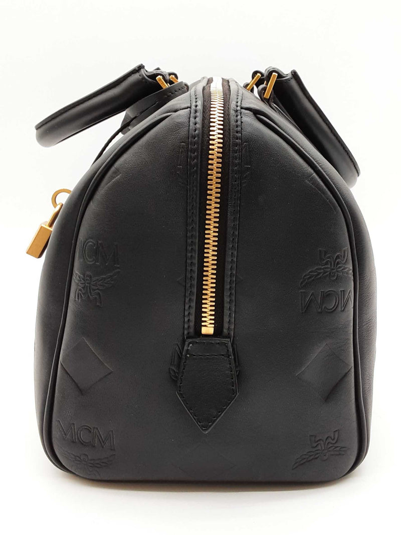 Mcm Ella Maxi Monogram Embossed Black Leather Boston Crossbody Bag Do0925ixzde