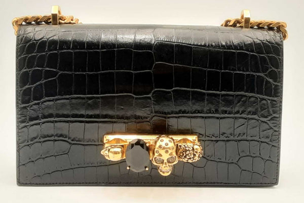 Alexander Mcqueen Jewelled Crocodile Embossed Black Leather Satchel Eb1224wsxsa