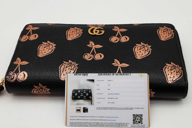 Gucci Black Marmont Metallic Strawberry & Cherry Zip Around Wallet  Eb0325lrxde