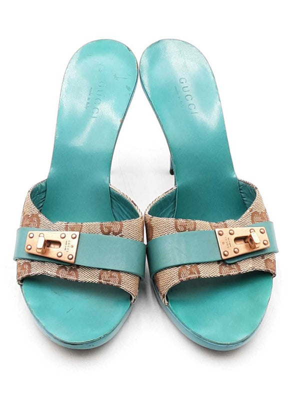 Gucci Gg Monogram Canvas & Turquoise Heels Size 9 Eb1225exdu