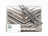 Yves Saint Laurent Lou Lou Chain Satchel In Silver Crumpled Calfskin Fw1025rxzdu