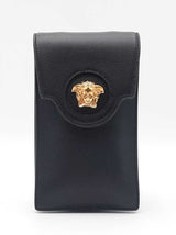 Versace La Medusa Phone Holder Mini Bag In Black Grained Leather Fw01026lordu