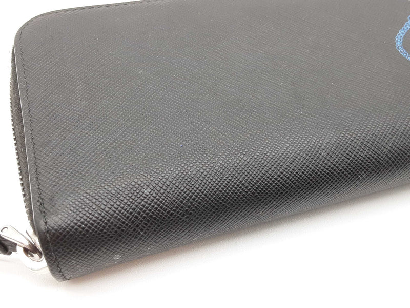 Prada Blue Logo Black Saffiano Leather Zip Wallet Do1025orxde