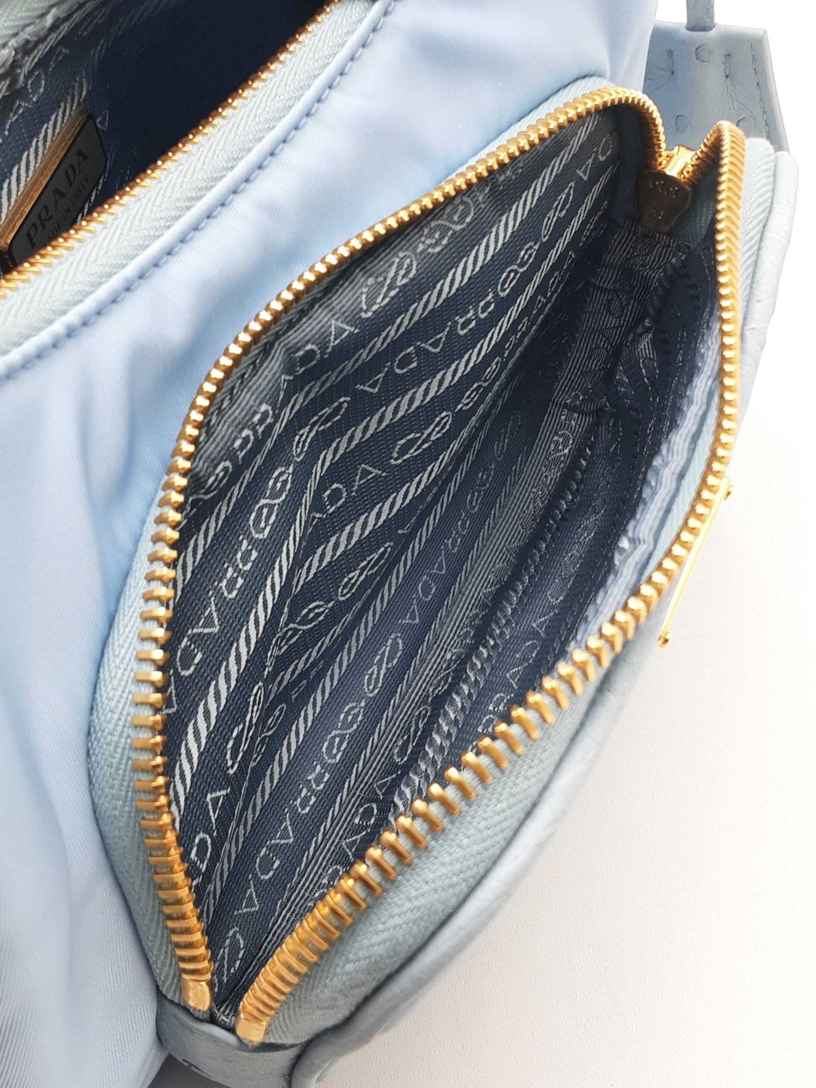 Prada Mini Shoulder Bag In Sky Blue Re-nylon & Ostrich Leather