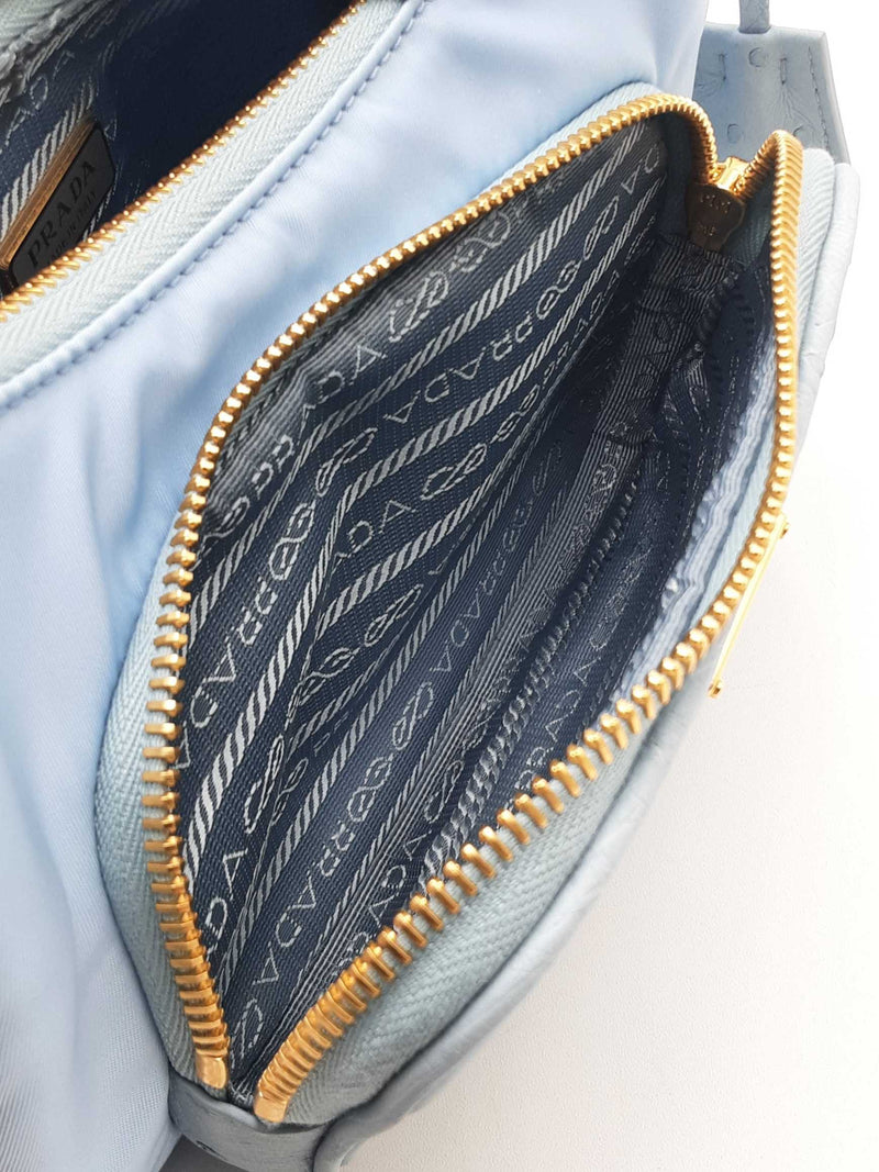Prada Mini Shoulder Bag In Sky Blue Re-nylon & Ostrich Leather