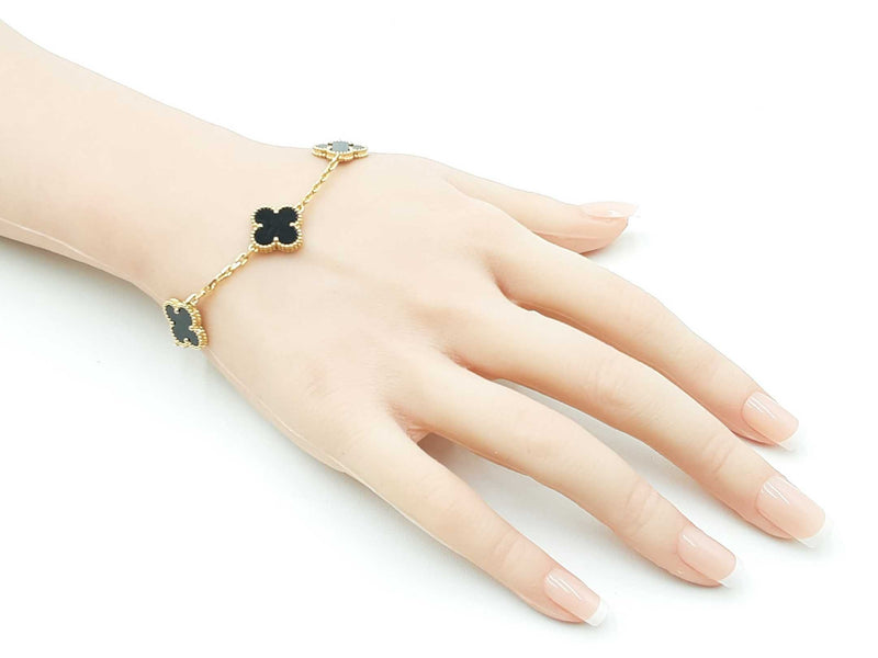 Van Cleef & Arpels 5-motif Onyx Alhambra Bracelet In 18k Yellow Gold 11.6 Grams 7 Inch Fw1025lrzxdu