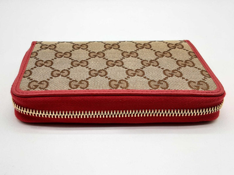 Gucci 420113 Gg Tan Canvas Red Leather Zipper Wallet Do0125lexde