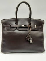 Hermes Birkin 35 Ebene Brown Boxcalf Leather Palladium Handbag Do0324sxzxde