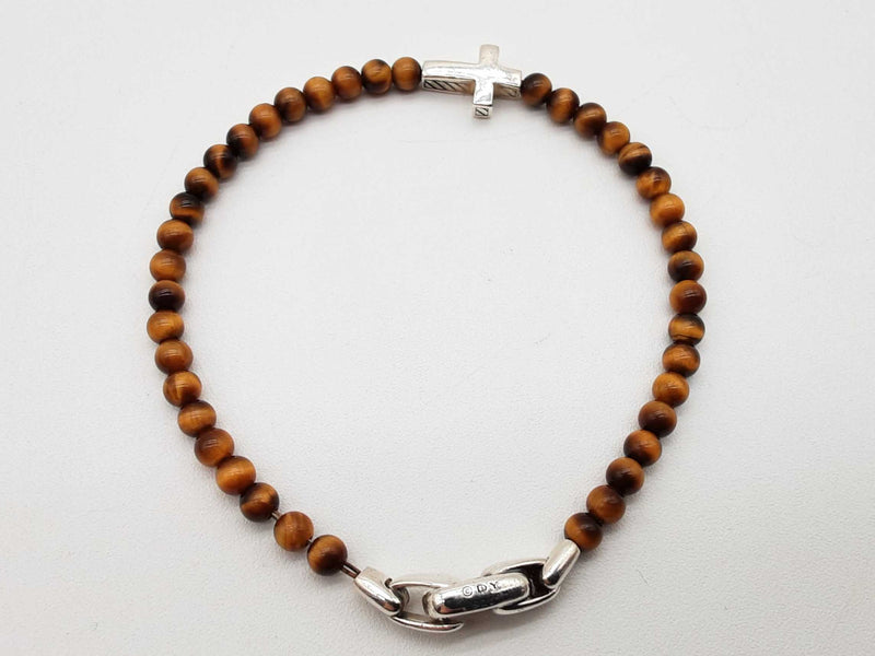 David Yurman 0.925 Silver Cross Tiger's Eye Beaded Bracelet 7.5 In Do1125lxzde