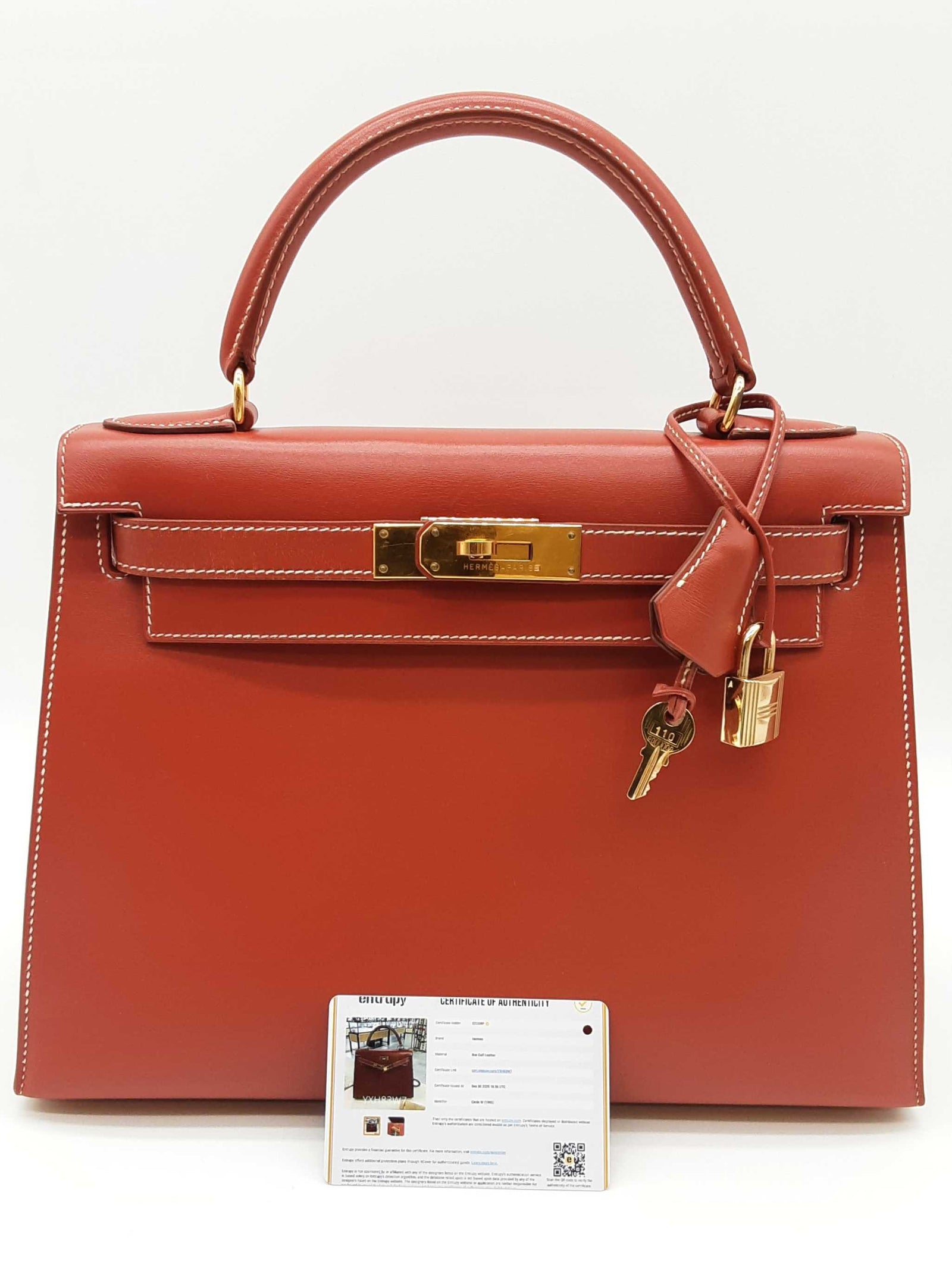 Hermes Kelly 28 Brique Red Box Calf Gold Hardware Handbag