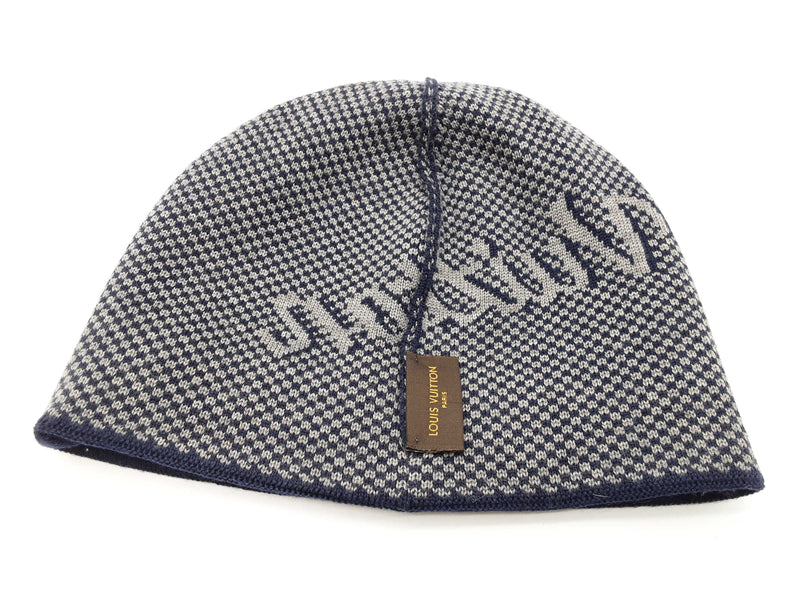 Louis Vuitton Signature Logo Navy Blue Gray Wool Beanie Do1025lxzde