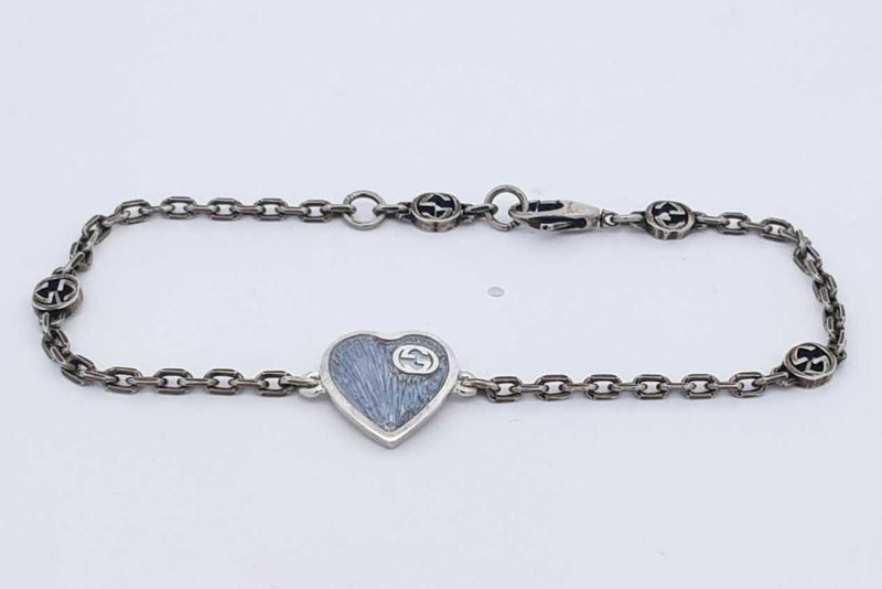 Gucci Interlocking G Enamel Heart Bracelet Sterling Silver 4g 7 Inch Eb1124crsa