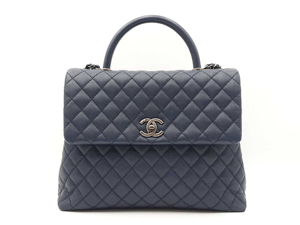Chanel Coco Top Handle Flap Bag In Navy Blue Quilted Caviar Leather Fw0925ooxzdu