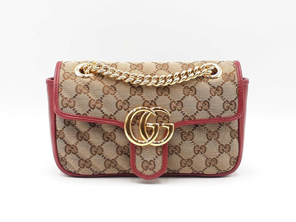 Gucci Marmont Flap Bag In Matelassé Gg Canvas & Red Leather Fw0925rzxdu