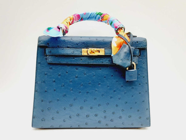 Hermes Kelly 25cm Blue Ostrich Leather Gold Shoulder Bag Dooerxzde 144020006317