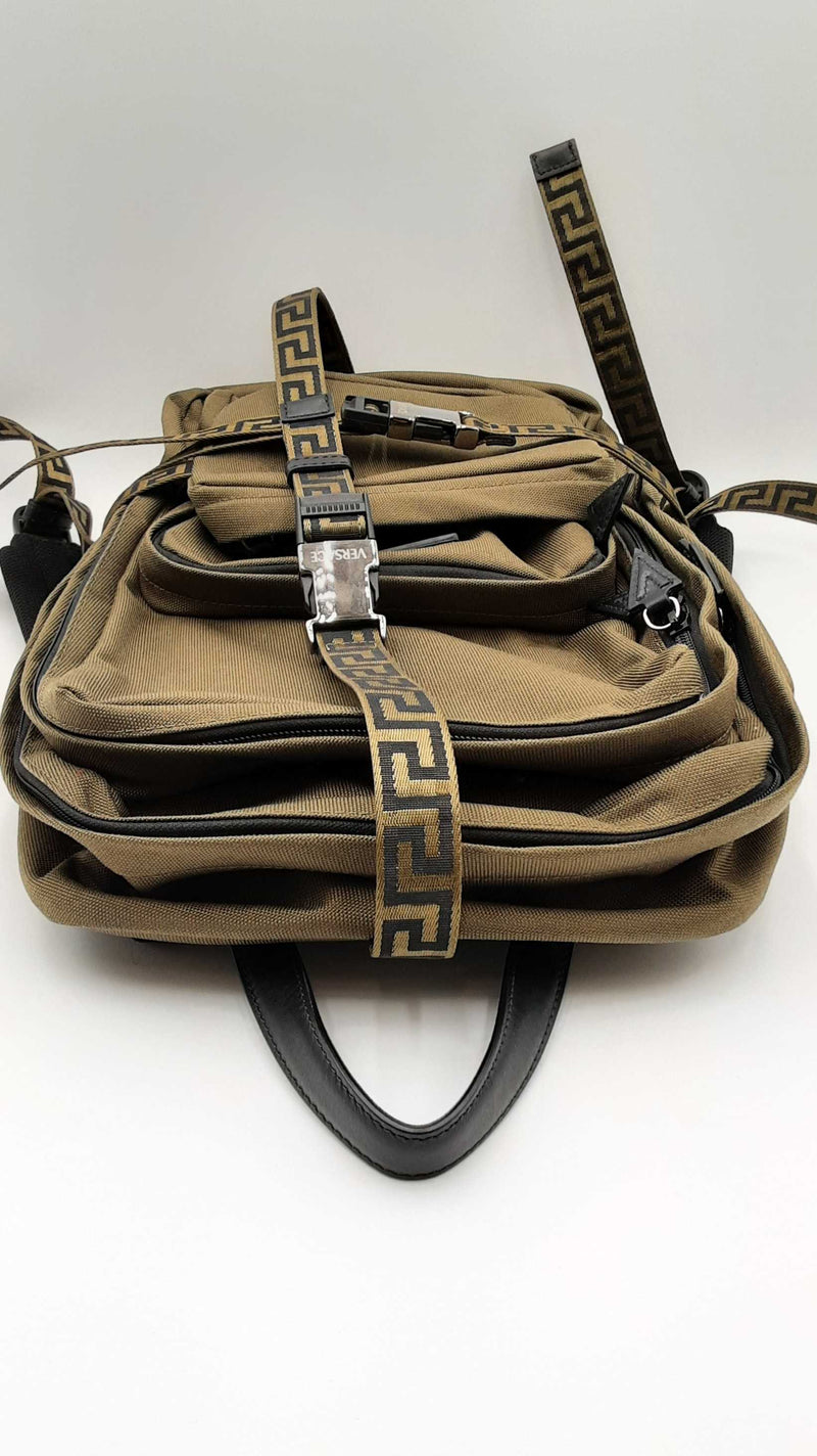 Versace Olive Green Canvas Greca-straps Technical Backpack Eberxdu144010017183