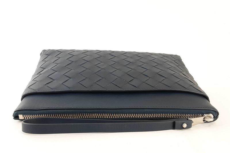 Bottega Veneta Intrecciato Strapped Navy Blue Leather Pouch Bag (LIRZ) 144010013962 RP