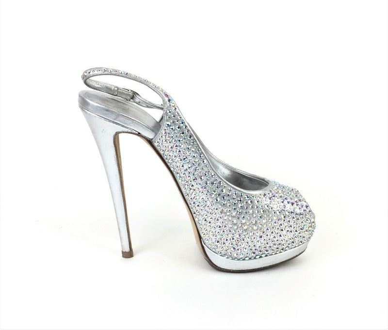 Giuseppe Zanotti Silver Sharon Crystal Slingback Peep Toe Platform Heels (LOR) 144010002884 CB/SA
