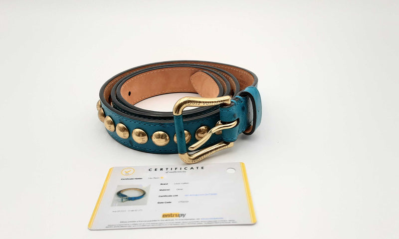 Louis Vuitton Limited Edition Blue Ostrich Skin Studded Belt Eboorsa  144010025793