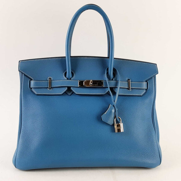 Hermes 35cm Birkin Blue Jean Clemence Palladium Handbag Doszzxde 144010018106