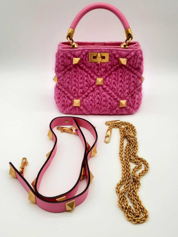 Valentino Garavani Roman Stud Interwoven Pink Wool And Leather Crossbody Bag DOIXZDE 144020008501