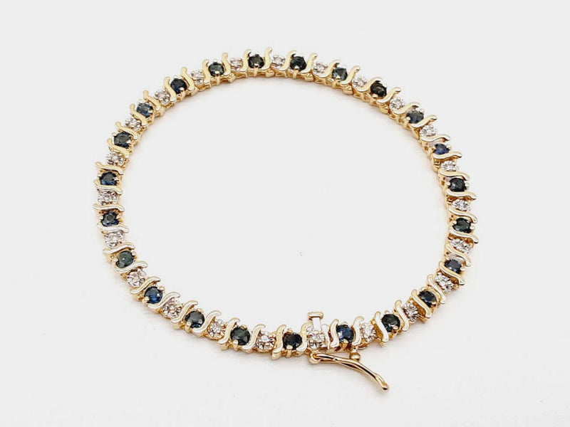 10K Yellow Gold 1.15 CTW Blue Stones 0.46 CTW Diamonds Tennis Bracelet Size 7 IN (ORX) 144020006975 DO/DE