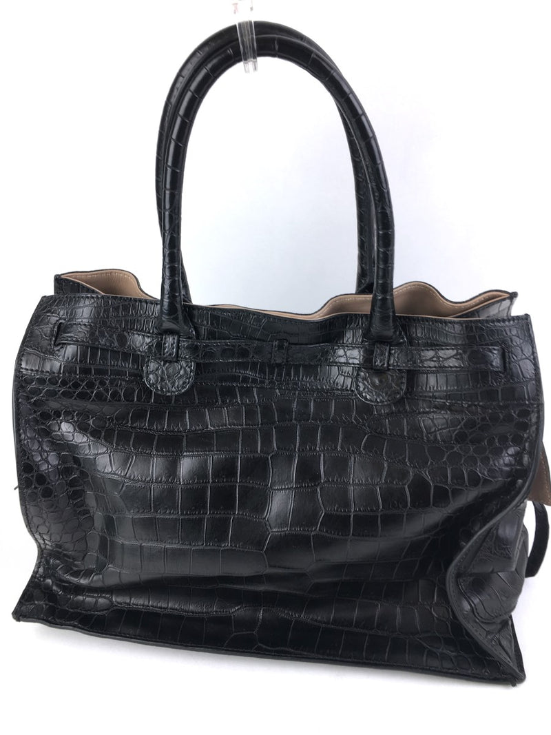 Zagliani Black Large Gatsby Crocodile Skin Leather Tote (WRZX) 144010000003