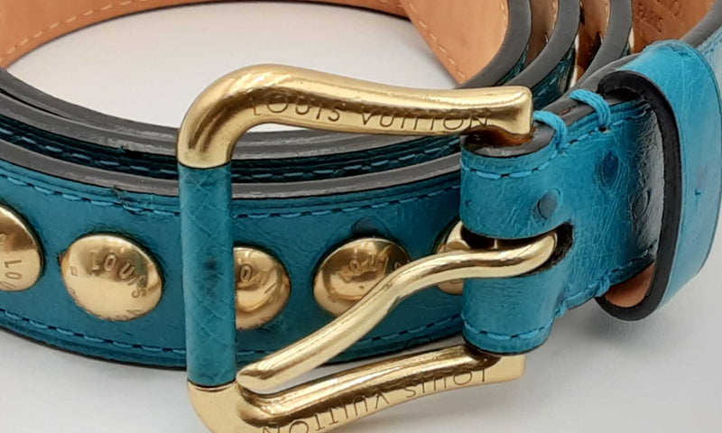 Louis Vuitton Limited Edition Blue Ostrich Skin Studded Belt Eboorsa  144010025793