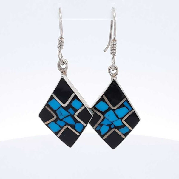 ◆STONEHENgE◆ Polaris 14K One Touch Earrings Sterling Silver Onyx & Turquoise Dangle Earrings 9.7 Grams