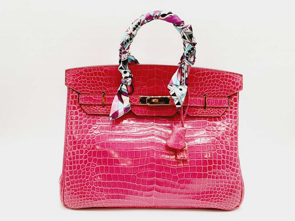 Hermes Birkin 35cm Pink Fuchsia Shiny Porous Crocodile Gold Hardware Handbag Dowwxzxde 144020004582