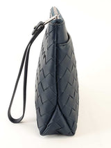Bottega Veneta Intrecciato Strapped Navy Blue Leather Pouch Bag (LIRZ) 144010013962 RP