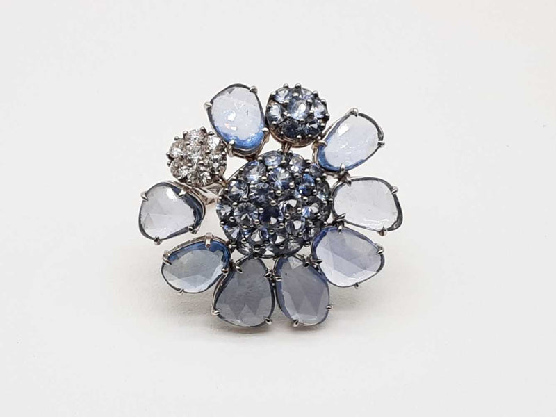 18K White Gold 16.50 CTW Sapphire-Colored Stones 0.49 CTW Diamonds Flower Ring Size 7.25 (OXZX) 144010009135 DO/DE