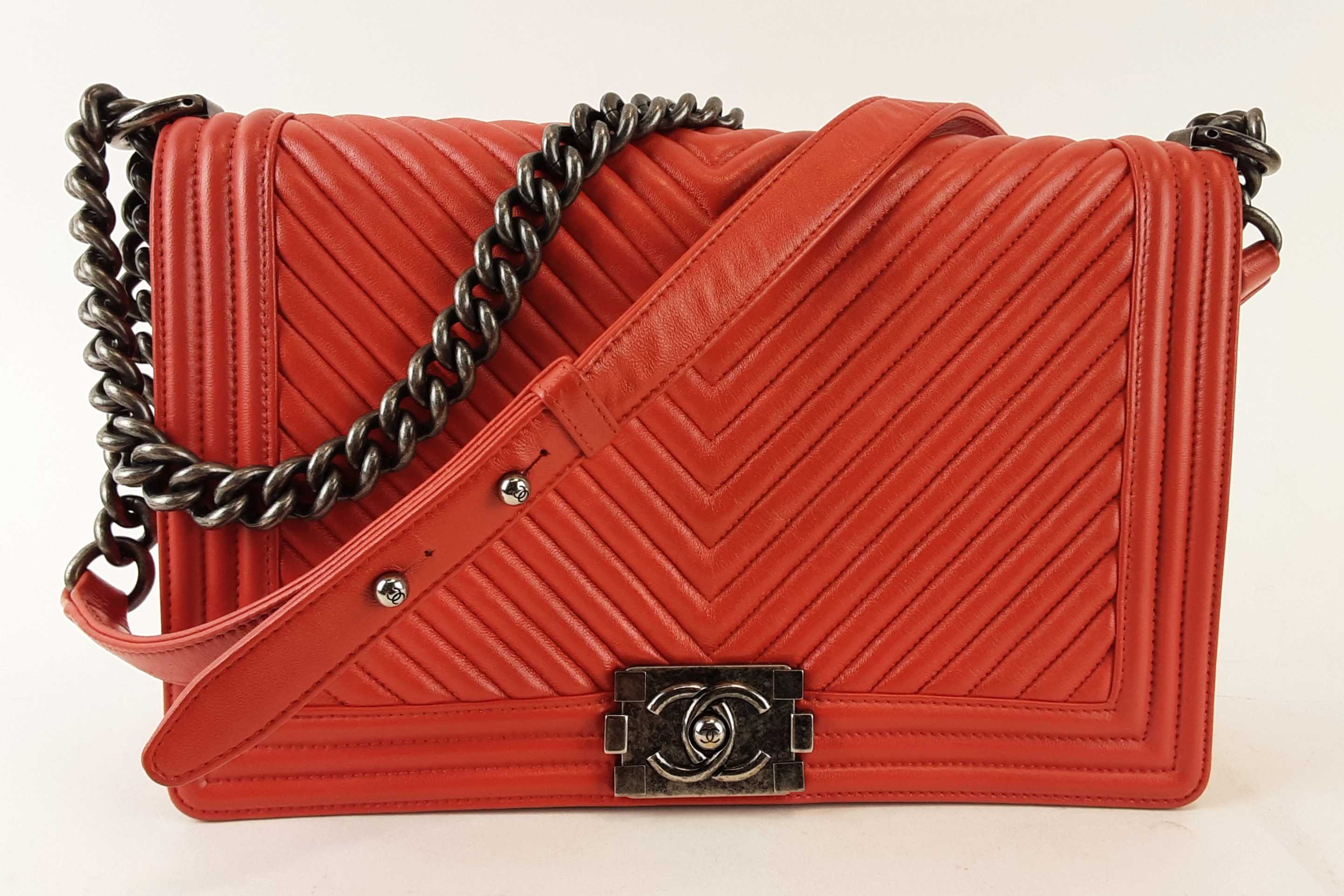 Chanel Red Medium Calfskin Leather Chevron Boy Bag (OCZX