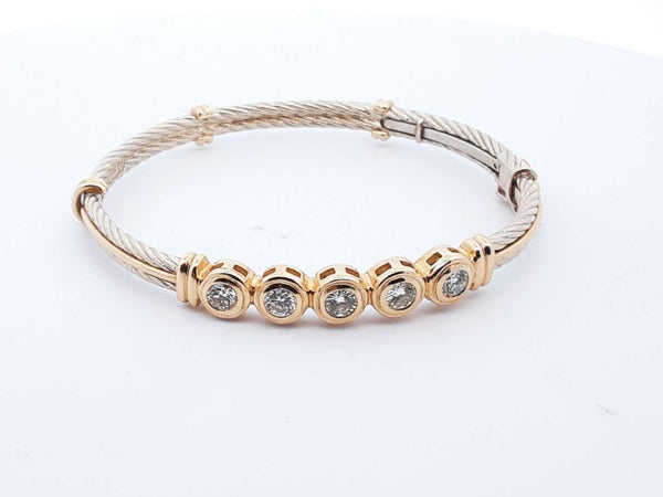 14k Two-tone Yellow/white Gold 24.8g 1.25 Ctw Diamonds Cable Bangle Bracelet 6.75in Lhloxzde 144020001115