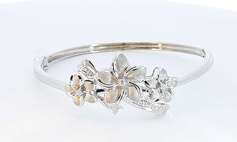 14k White Gold Bangle Bracelet Flower And Diamonds Mswzxsa 144010028610